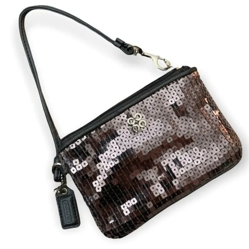 Coach Sequin Wristlet Clutch Pouch Leather Trim Zip Up Wallet Silver W/ Hang Tag